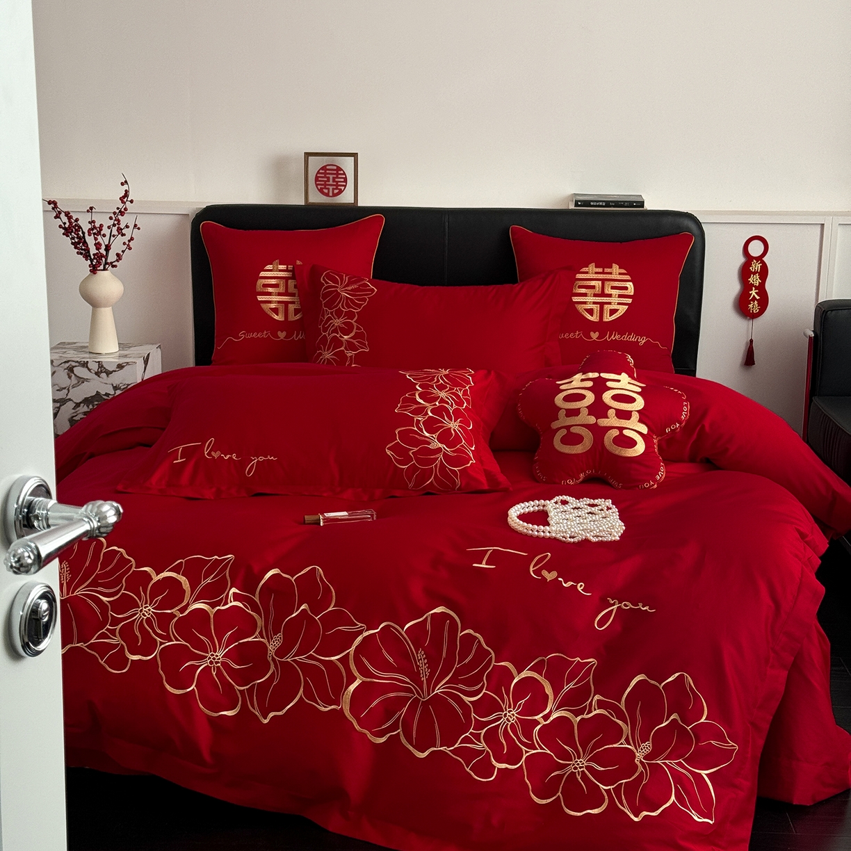 91家纺网 家纺一手货源 找家纺 甜咪咪婚庆 2026新款长绒棉全棉绣花结婚婚庆四件套多件套床单床盖款 甜蜜约定