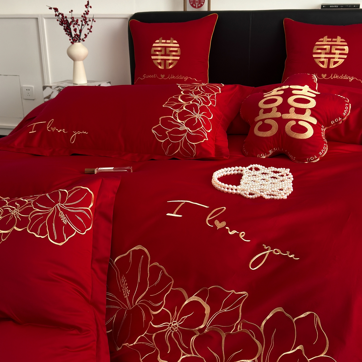 91家纺网 家纺一手货源 找家纺 甜咪咪婚庆 2026新款长绒棉全棉绣花结婚婚庆四件套多件套床单床盖款 甜蜜约定