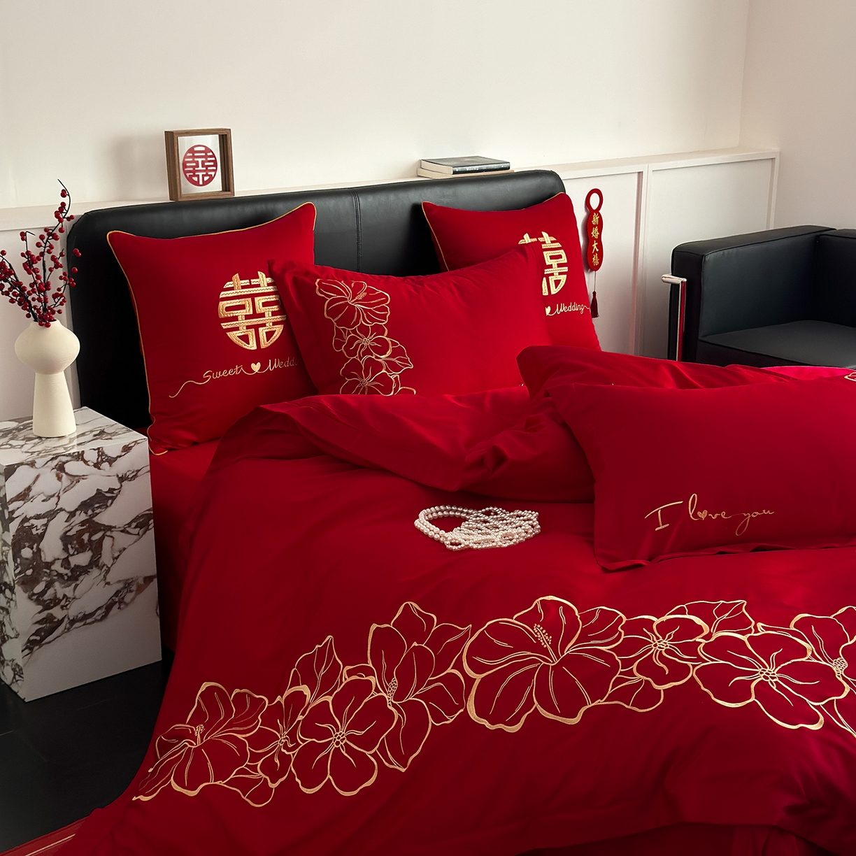 91家纺网 家纺一手货源 找家纺 甜咪咪婚庆 2026新款长绒棉全棉绣花结婚婚庆四件套多件套床单床盖款 甜蜜约定