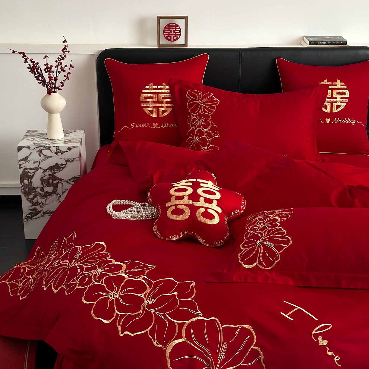 91家纺网 家纺一手货源 找家纺 甜咪咪婚庆 2026新款长绒棉全棉绣花结婚婚庆四件套多件套床单床盖款 甜蜜约定