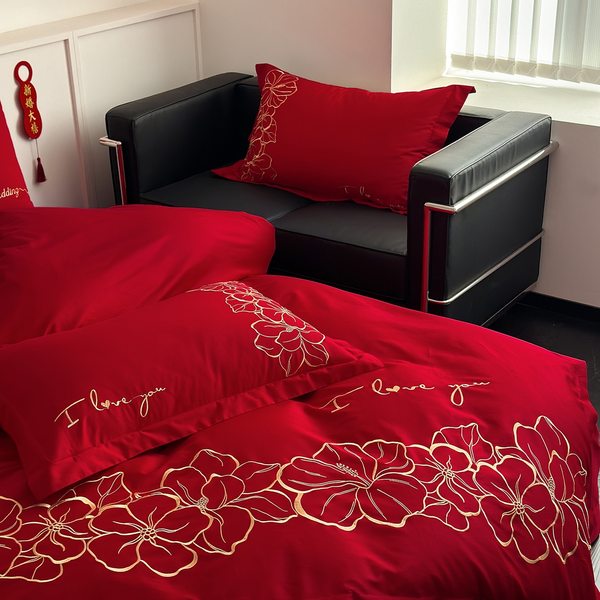 91家纺网 家纺一手货源 找家纺 甜咪咪婚庆 2026新款长绒棉全棉绣花结婚婚庆四件套多件套床单床盖款 甜蜜约定