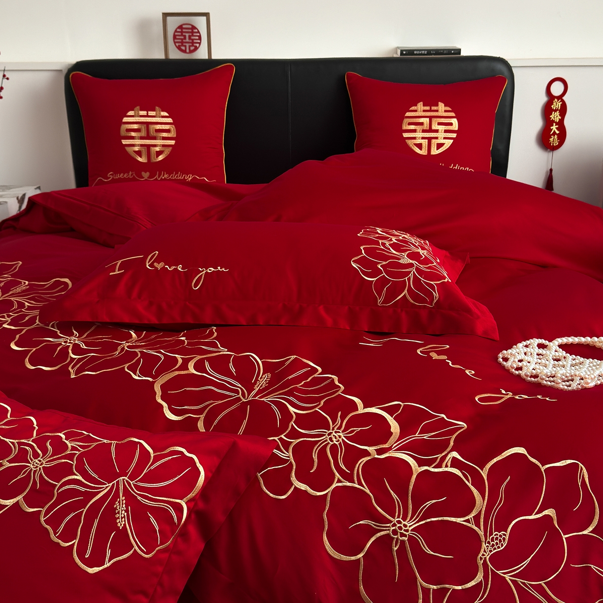 91家纺网 家纺一手货源 找家纺 甜咪咪婚庆 2026新款长绒棉全棉绣花结婚婚庆四件套多件套床单床盖款 甜蜜约定