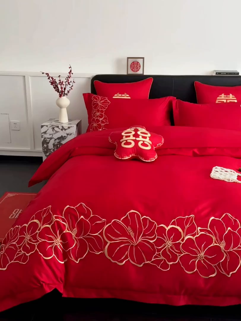 91家纺网 家纺一手货源 找家纺 甜咪咪婚庆 2026新款长绒棉全棉绣花结婚婚庆四件套多件套床单床盖款 甜蜜约定