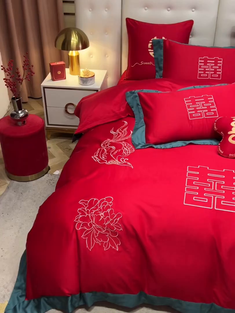 91家纺网 家纺一手货源 找家纺 甜咪咪婚庆 2026新款长绒棉全棉绣花结婚婚庆四件套多件套床单床盖款 喜嫁