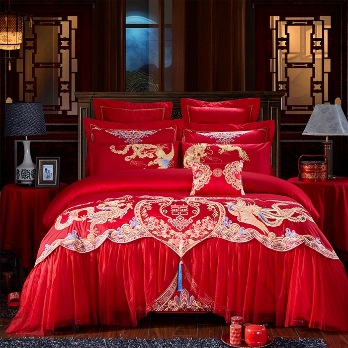 甜咪咪婚庆 2026新款长绒棉全棉绣花结婚婚庆四件套多件套床单床盖款 珠联璧合