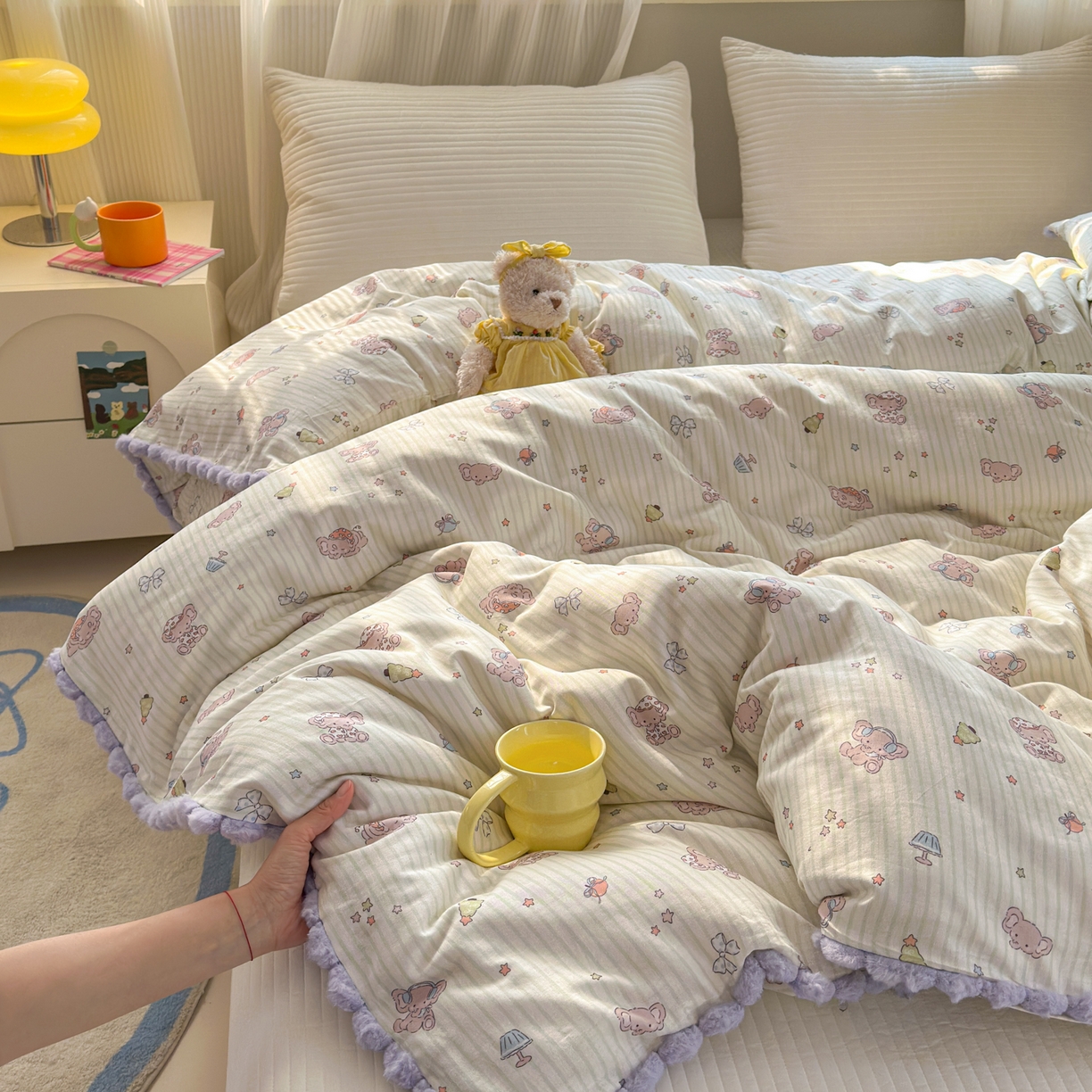 91家纺网 家纺一手货源 找家纺 （总）丽涵家纺 2026新款全棉双层纱毛球花边单品被套