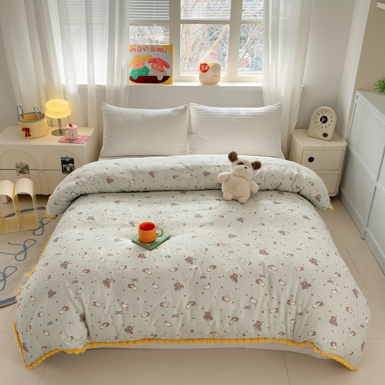 91家纺网 家纺一手货源 找家纺 丽涵家纺 2026新款全棉双层纱毛球花边单品被套 晚安鸭-绿