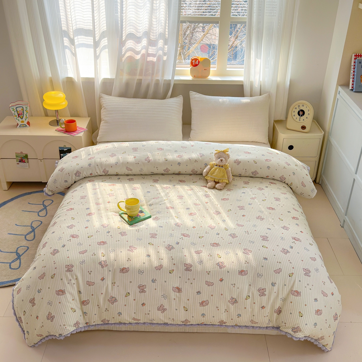 91家纺网 家纺一手货源 找家纺 丽涵家纺 2026新款全棉双层纱毛球花边单品被套 音乐小象-绿