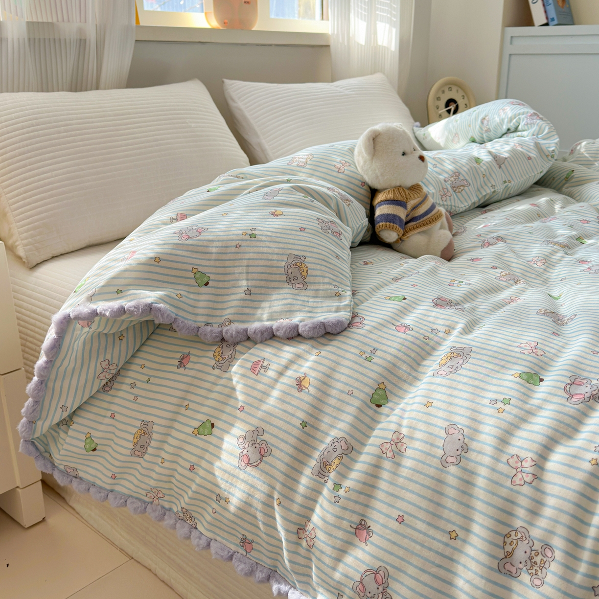 91家纺网 家纺一手货源 找家纺 丽涵家纺 2026新款全棉双层纱毛球花边单品被套 音乐小象-紫