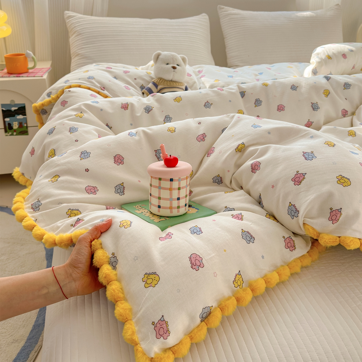 丽涵家纺 2026新款全棉双层纱毛球花边单品被套 小怪兽
