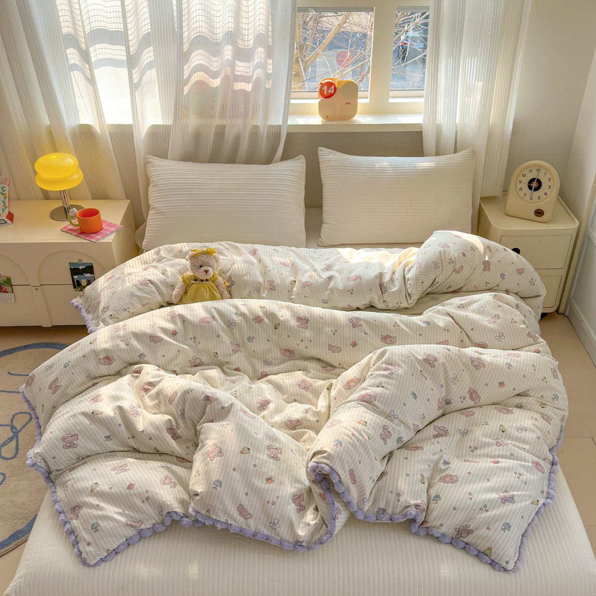 91家纺网 家纺一手货源 找家纺 丽涵家纺 2026新款全棉双层纱毛球花边单品被套 音乐小象-绿