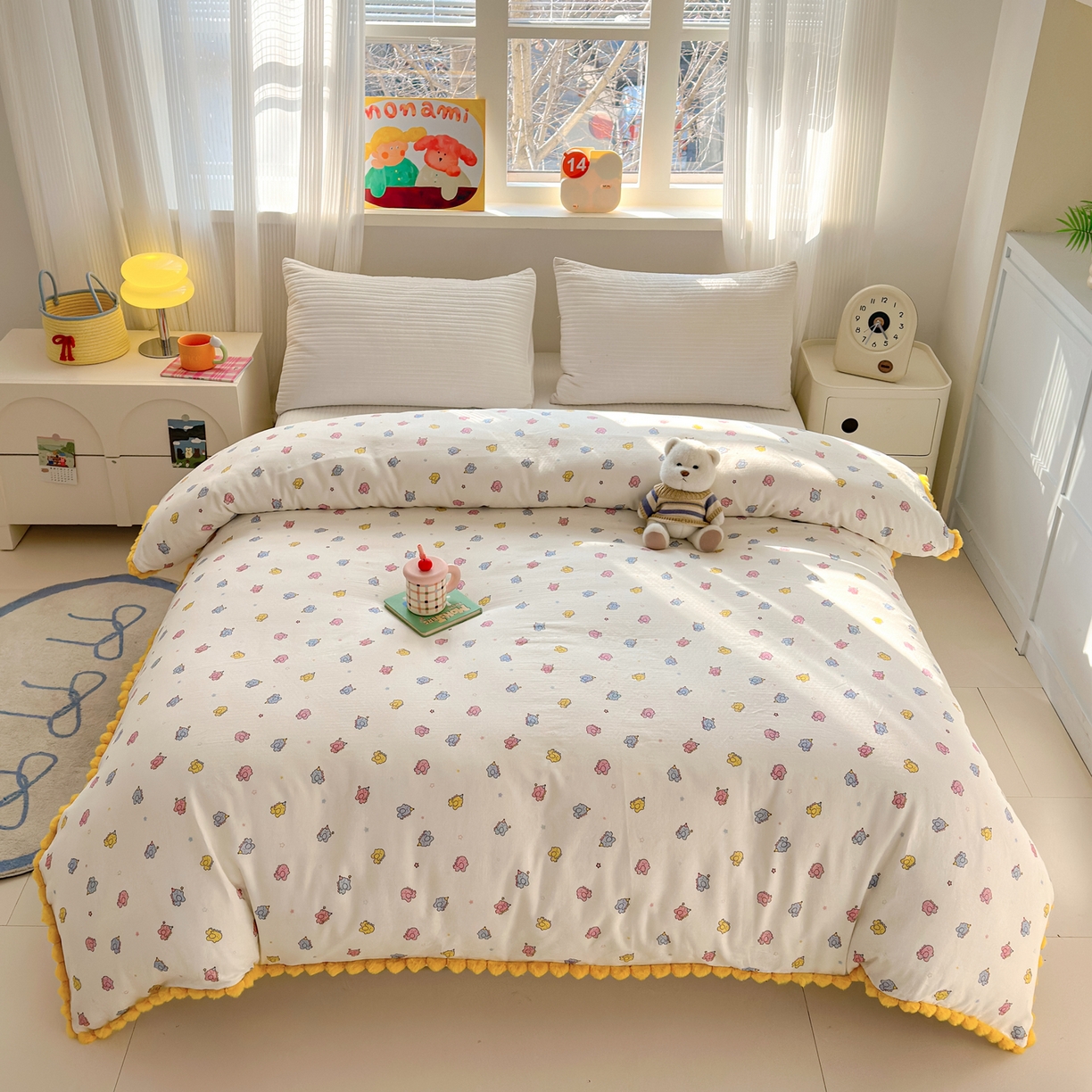 91家纺网 家纺一手货源 找家纺 丽涵家纺 2026新款全棉双层纱毛球花边单品被套 小怪兽