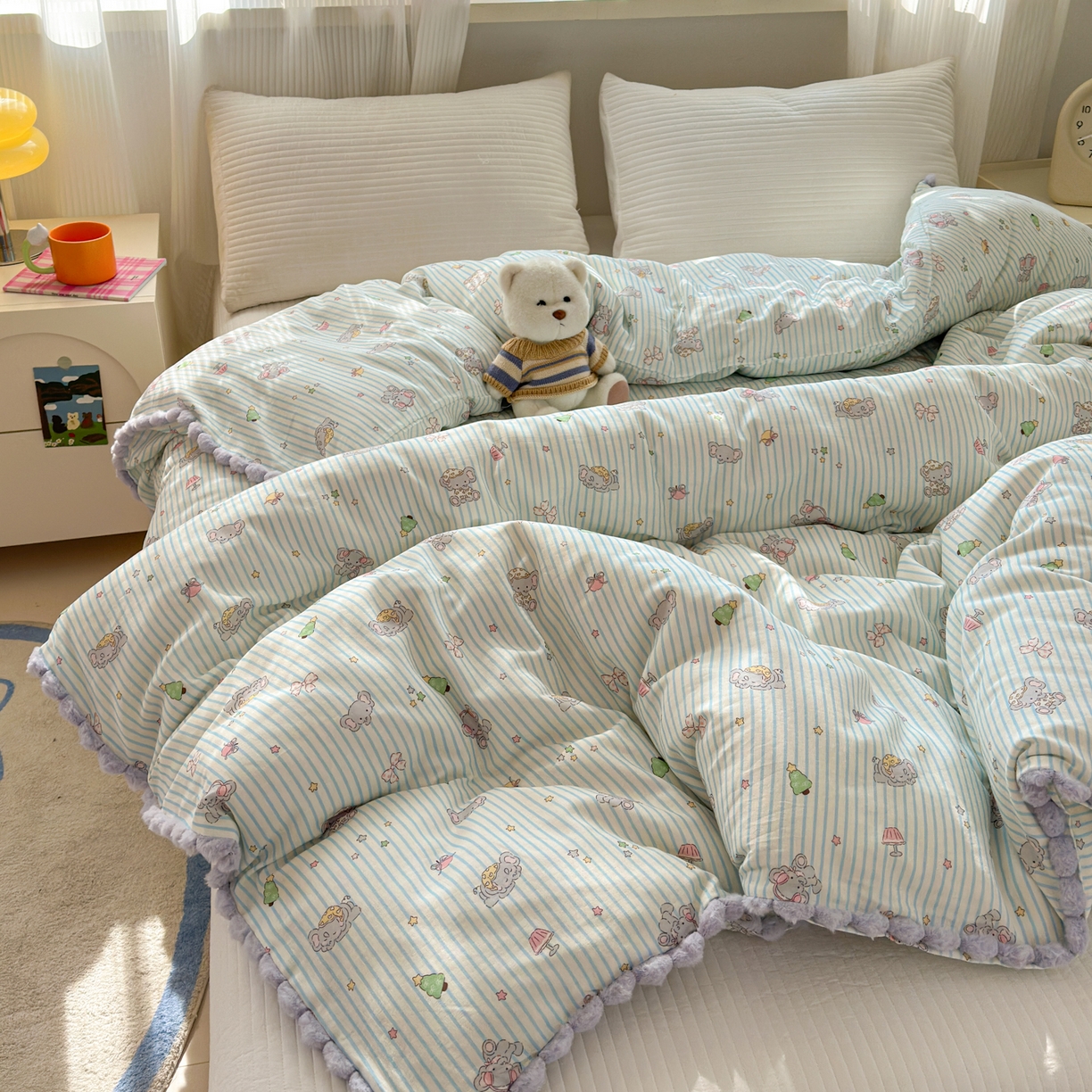 91家纺网 家纺一手货源 找家纺 丽涵家纺 2026新款全棉双层纱毛球花边单品被套 音乐小象-紫