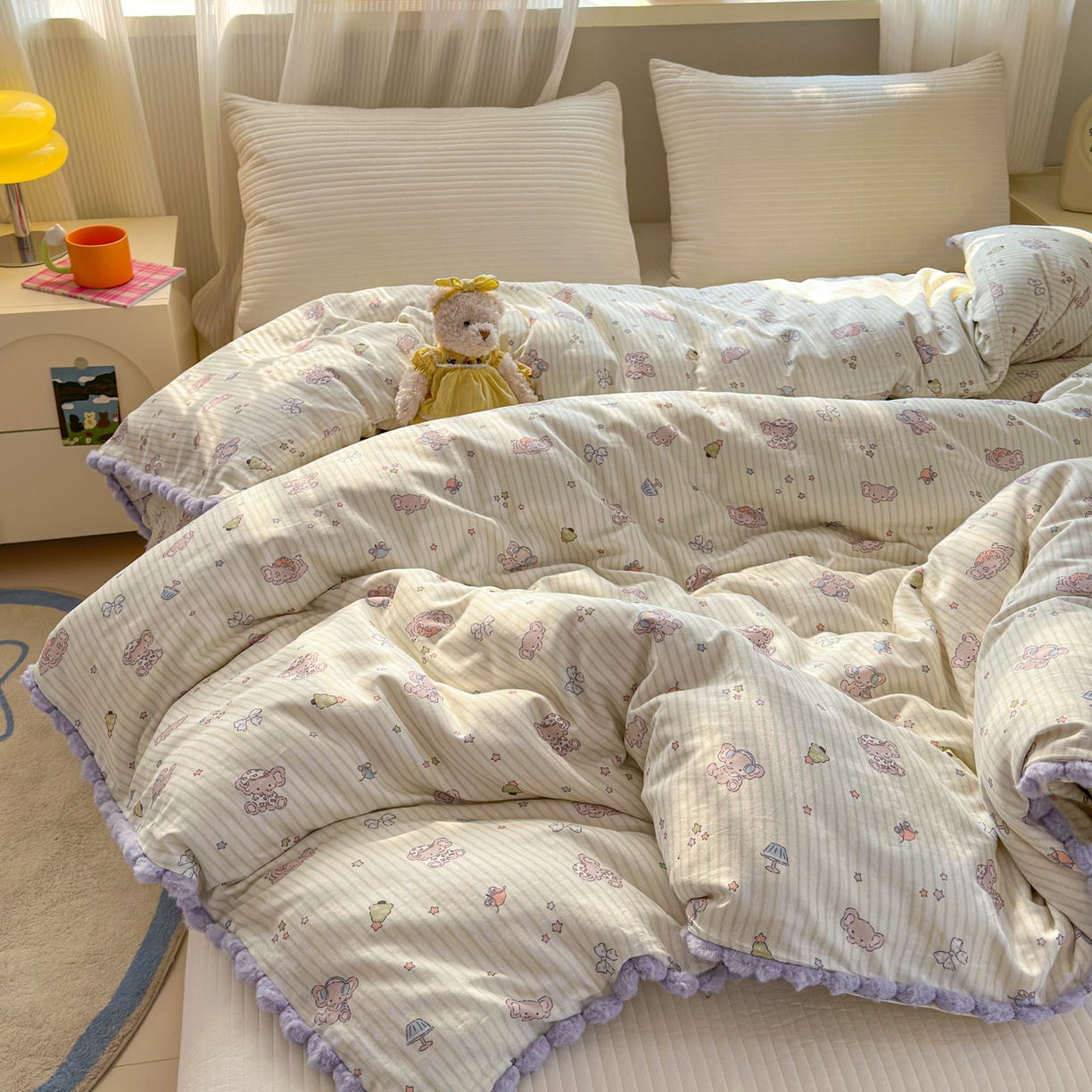 91家纺网 家纺一手货源 找家纺 丽涵家纺 2026新款全棉双层纱毛球花边单品被套 音乐小象-绿