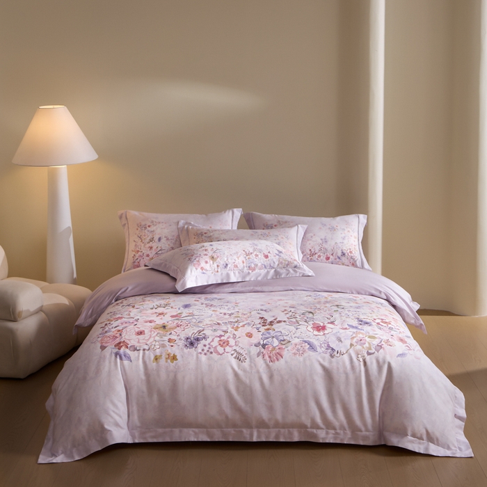 U品汇 2026新品纯棉全棉平网大版数码印花四件套高端60支长绒棉贡缎埋绳宽边系列 花笺梦语（紫）