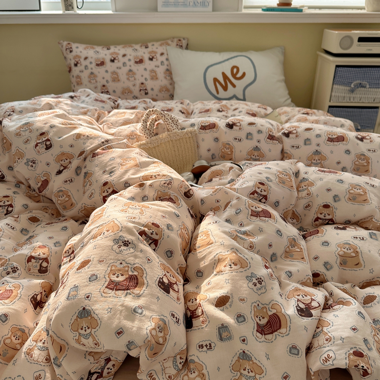 91家纺网 家纺一手货源 找家纺 （总）耀悦家纺 2026新款双层纱全棉四件套大版枕套混搭款博主ins风格款纯棉四件套