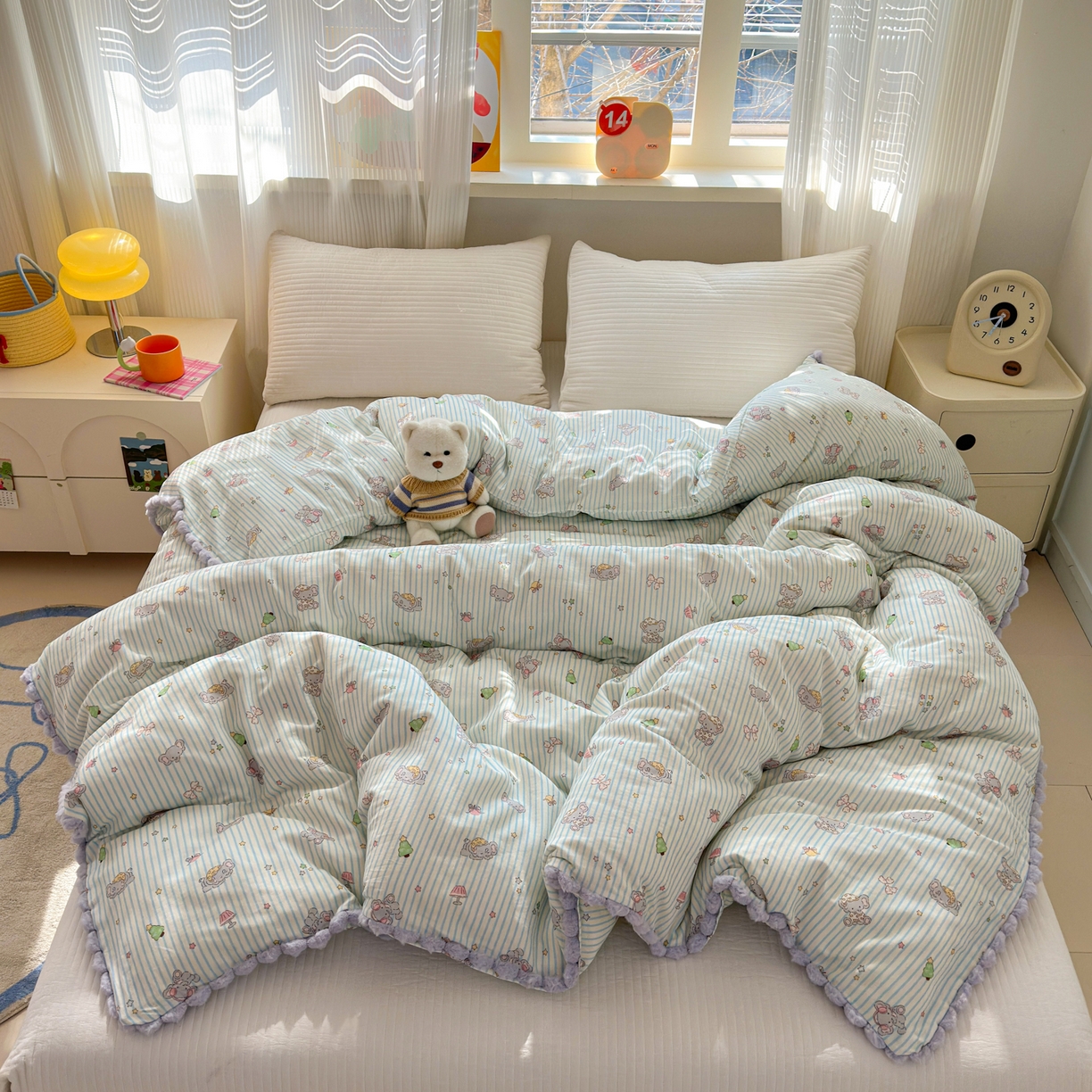 91家纺网 家纺一手货源 找家纺 丽涵家纺 2026新款全棉双层纱毛球花边单品被套 音乐小象-紫