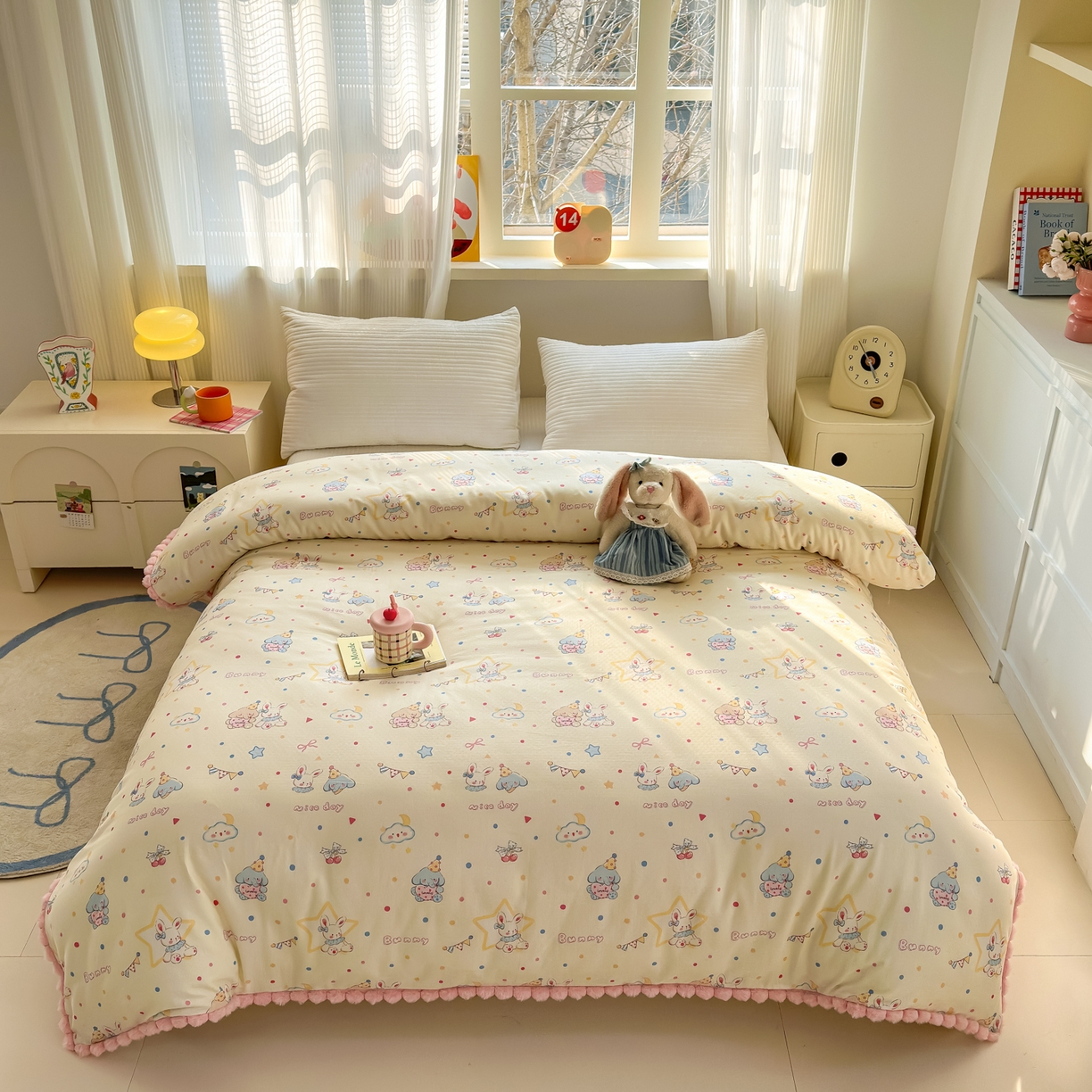 91家纺网 家纺一手货源 找家纺 丽涵家纺 2026新款全棉双层纱毛球花边单品被套 小象马戏团