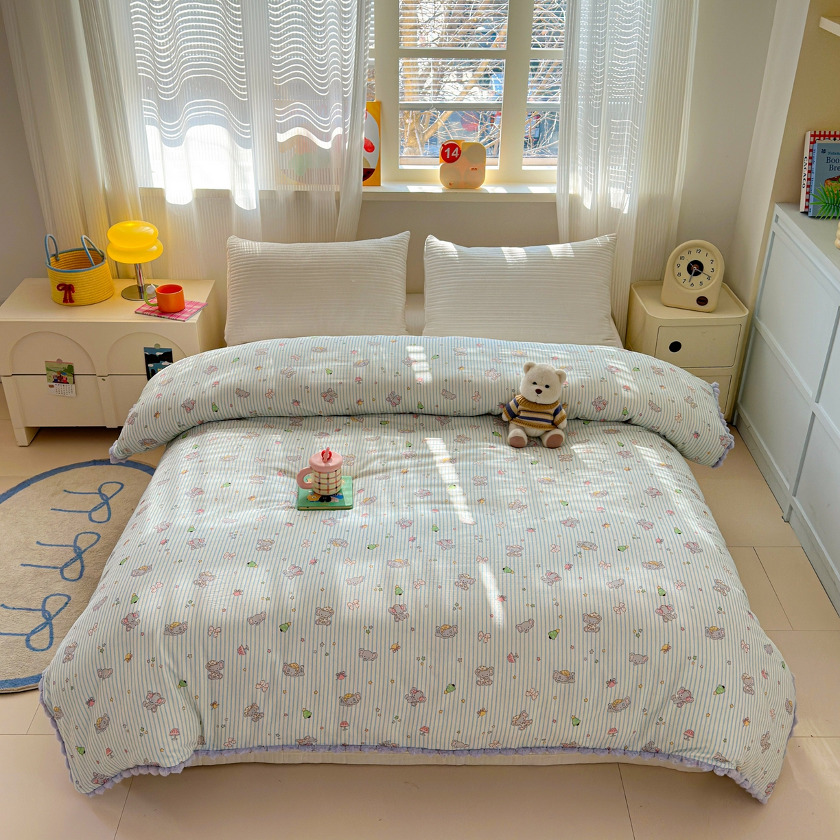 91家纺网 家纺一手货源 找家纺 丽涵家纺 2026新款全棉双层纱毛球花边单品被套 音乐小象-紫