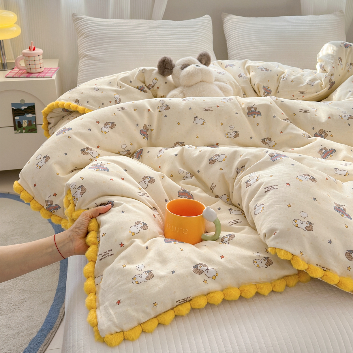 丽涵家纺 2026新款全棉双层纱毛球花边单品被套 晚安鸭-黄