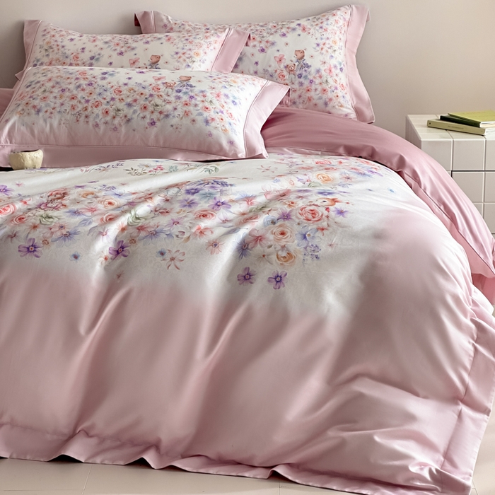 91家纺网 家纺一手货源 找家纺 U品汇 2026新品纯棉全棉平网大版数码印花四件套高端60支长绒棉贡缎埋绳宽边系列 花漾熊趣（粉）