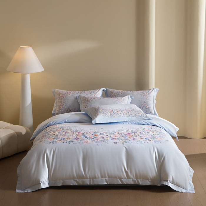 U品汇 2026新品纯棉全棉平网大版数码印花四件套高端60支长绒棉贡缎埋绳宽边系列 花影轻描（蓝）