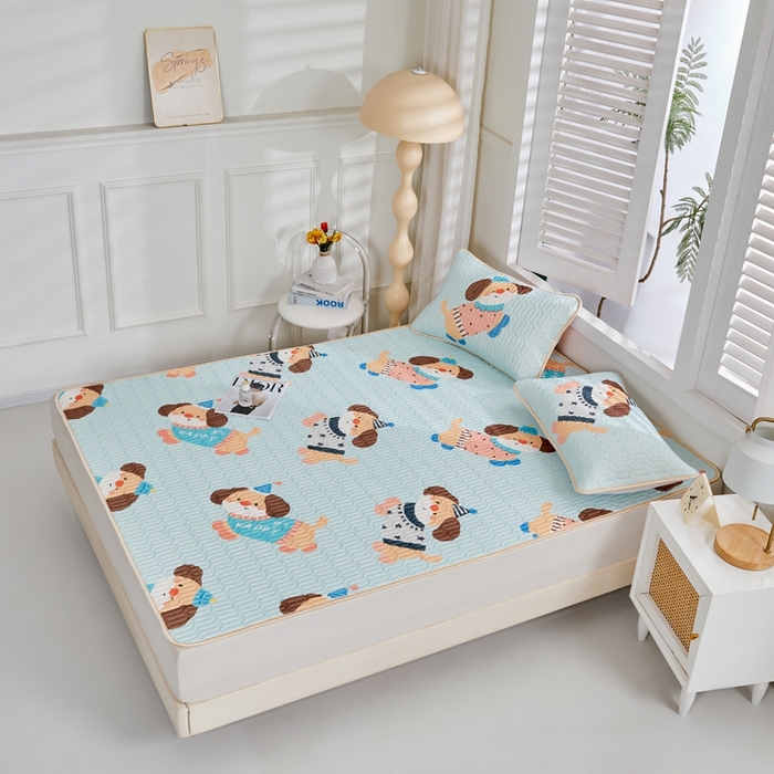 91家纺网 家纺一手货源 找家纺 美丽折2026新品6mm厚天然乳胶凉席三件套 大版印花卡通乳胶凉席平铺款 嗨皮狗