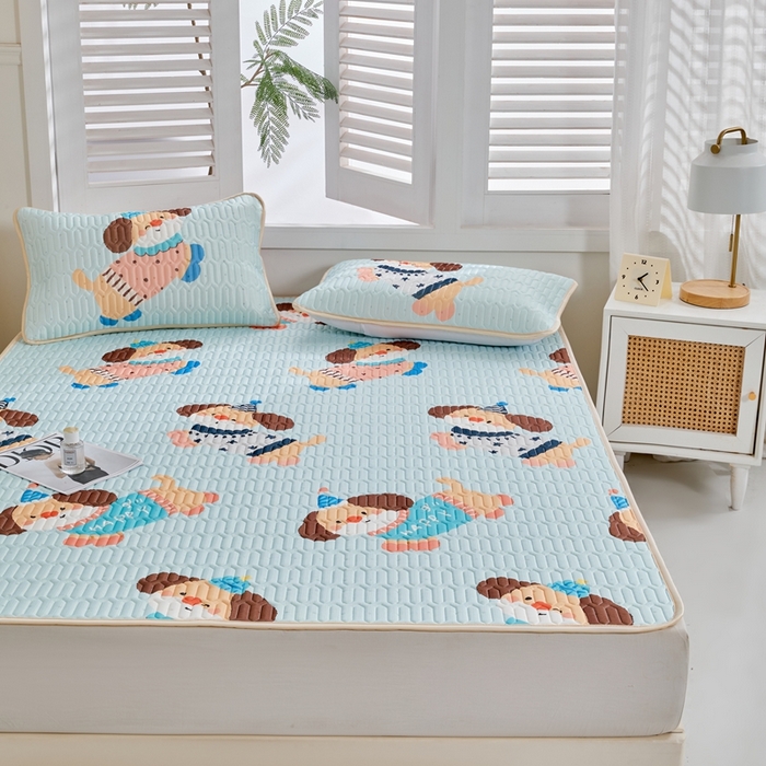 91家纺网 家纺一手货源 找家纺 美丽折2026新品6mm厚天然乳胶凉席三件套 大版印花卡通乳胶凉席平铺款 嗨皮狗