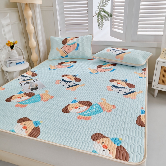 91家纺网 家纺一手货源 找家纺 美丽折2026新品6mm厚天然乳胶凉席三件套 大版印花卡通乳胶凉席平铺款 嗨皮狗