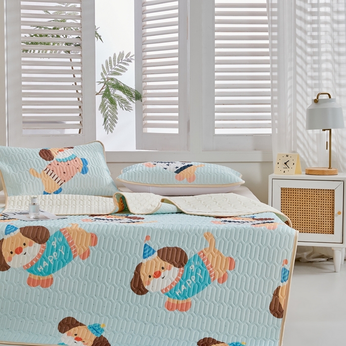 91家纺网 家纺一手货源 找家纺 美丽折2026新品6mm厚天然乳胶凉席三件套 大版印花卡通乳胶凉席平铺款 嗨皮狗