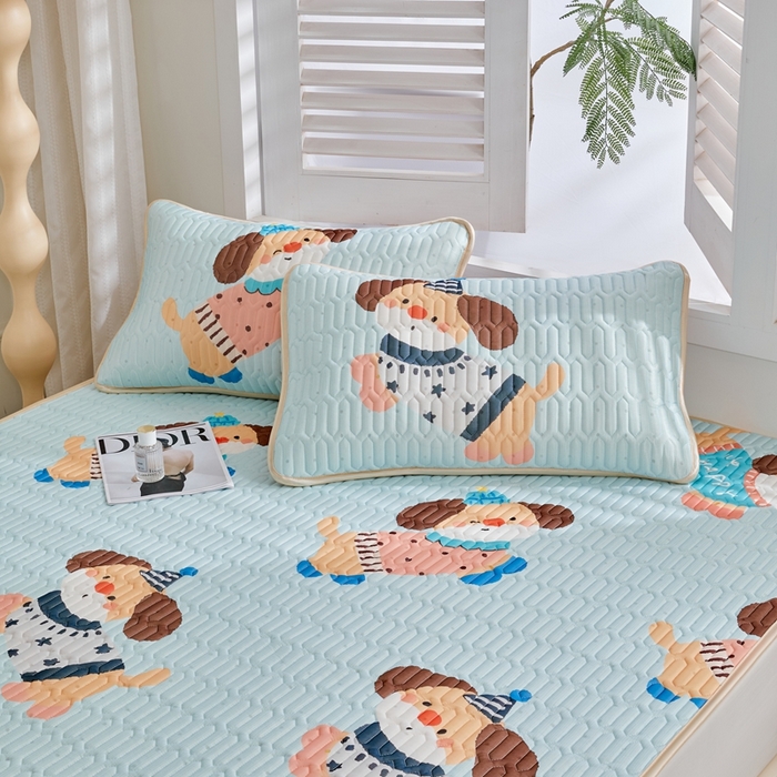 91家纺网 家纺一手货源 找家纺 美丽折2026新品6mm厚天然乳胶凉席三件套 大版印花卡通乳胶凉席平铺款 嗨皮狗