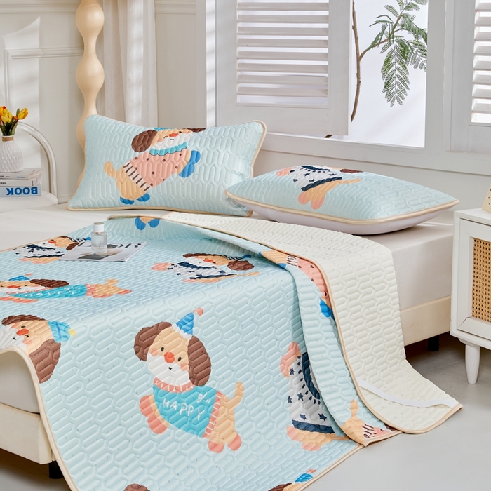 91家纺网 家纺一手货源 找家纺 美丽折2026新品6mm厚天然乳胶凉席三件套 大版印花卡通乳胶凉席平铺款 嗨皮狗