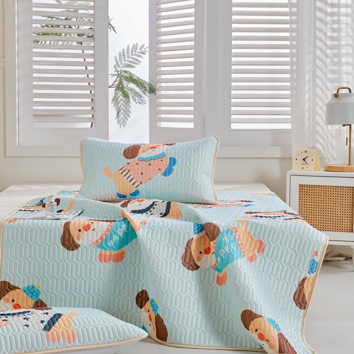 91家纺网 家纺一手货源 找家纺 美丽折2026新品6mm厚天然乳胶凉席三件套 大版印花卡通乳胶凉席平铺款 嗨皮狗