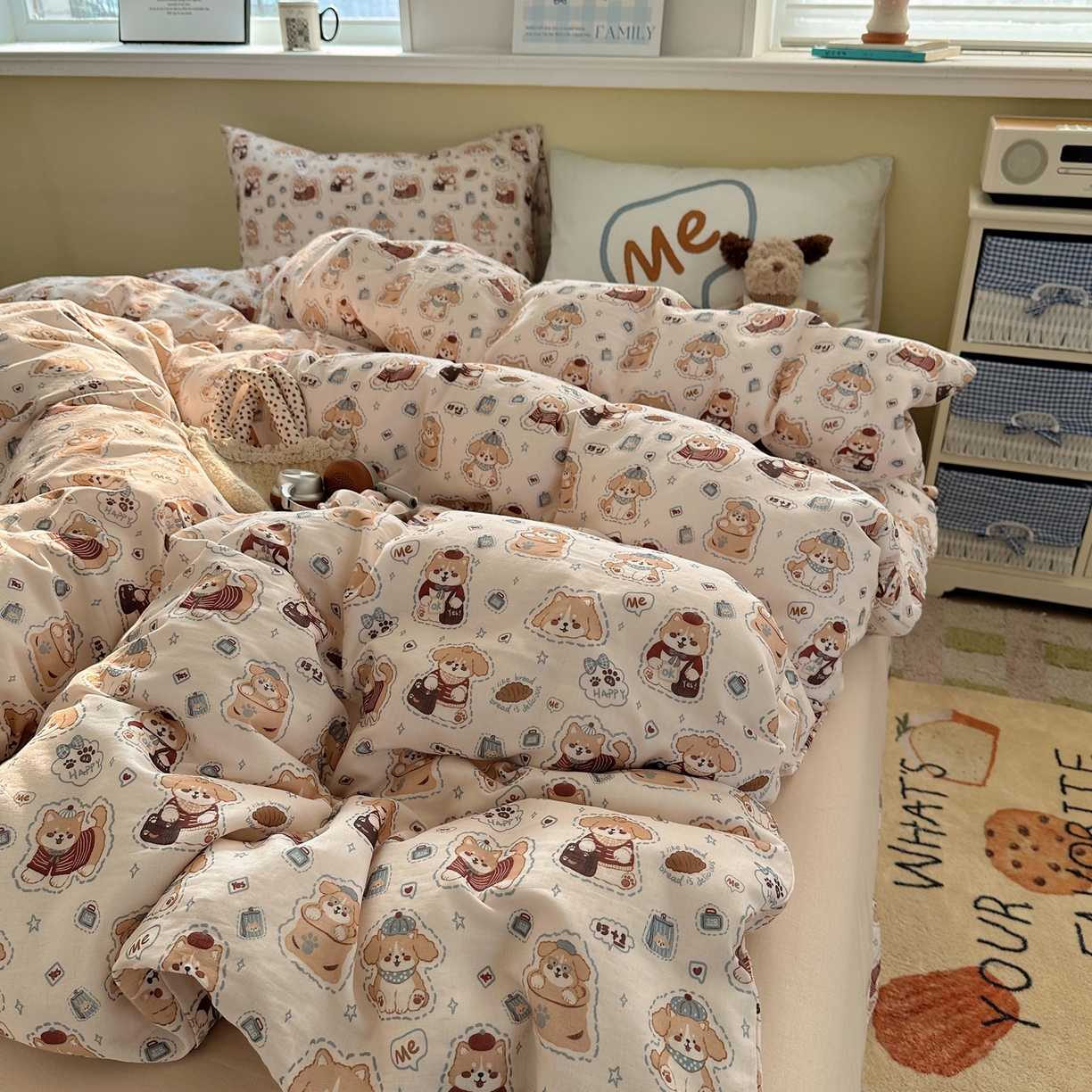 91家纺网 家纺一手货源 找家纺 耀悦家纺 2026新款双层纱全棉四件套大版枕套混搭款博主ins风格款纯棉四件套 happy旺to me