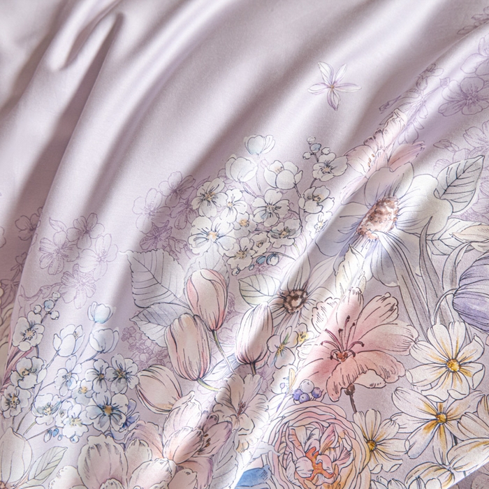 91家纺网 家纺一手货源 找家纺 U品汇 2026新品纯棉全棉平网大版数码印花四件套高端60支长绒棉贡缎埋绳宽边系列 花影轻描（紫）