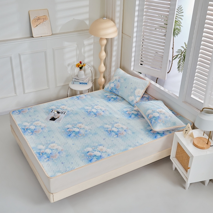 91家纺网 家纺一手货源 找家纺 美丽折2026新品6mm厚天然乳胶凉席三件套 大版印花卡通乳胶凉席平铺款 花影