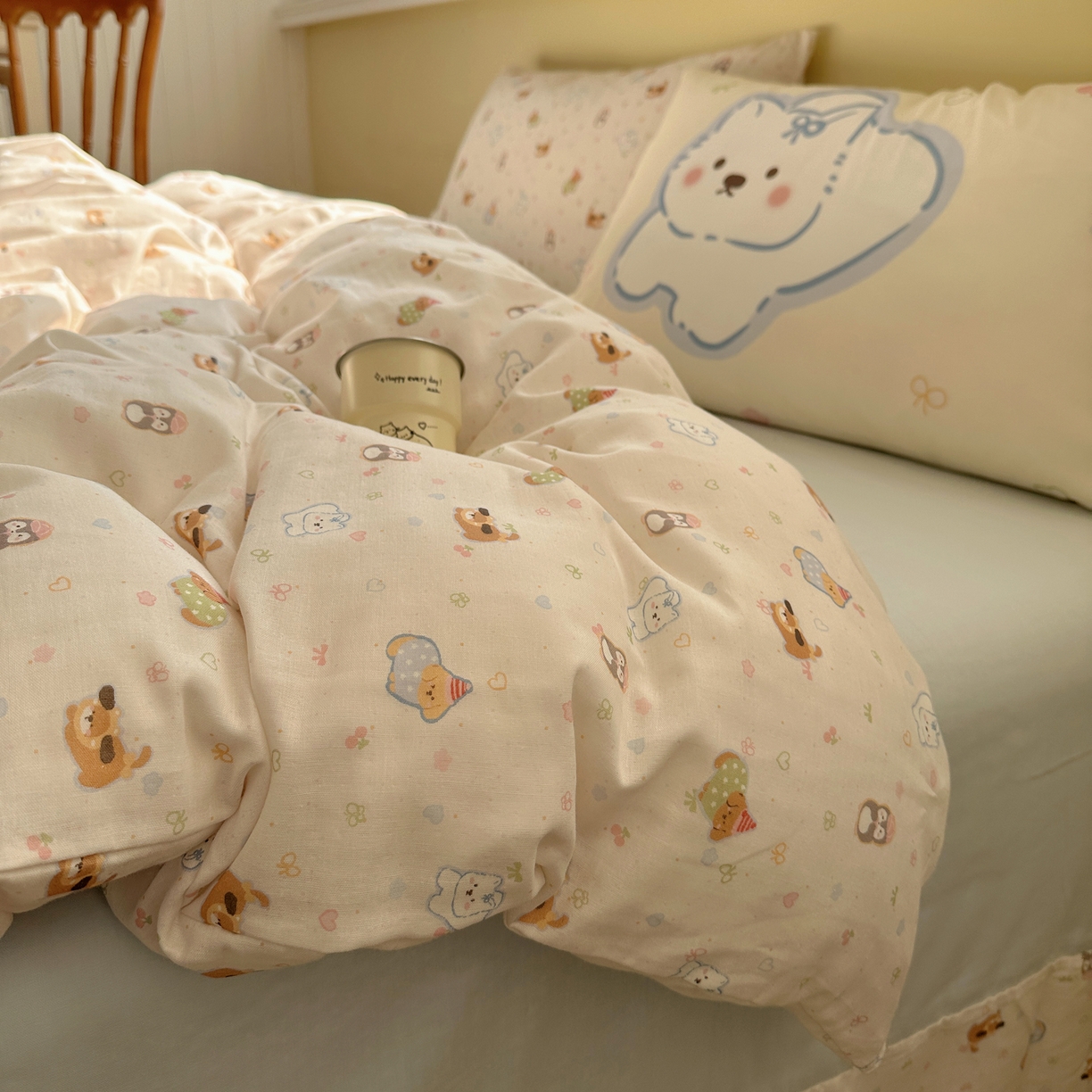 耀悦家纺 2026新款双层纱全棉四件套大版枕套混搭款博主ins风格款纯棉四件套 浪漫雪团团