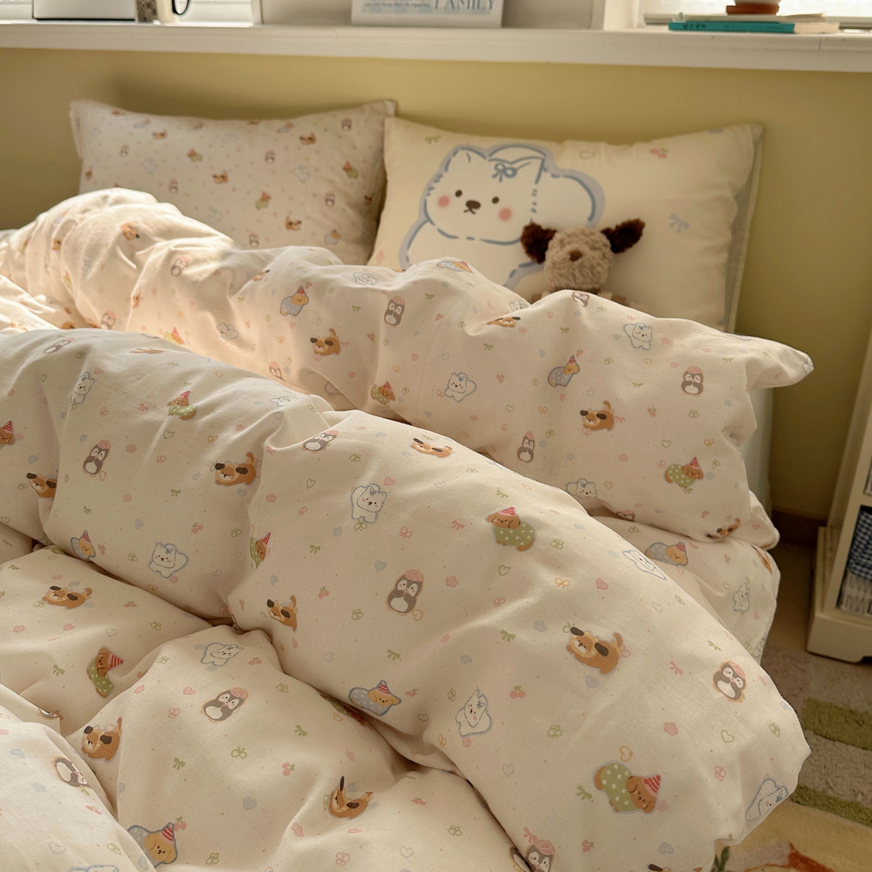 91家纺网 家纺一手货源 找家纺 耀悦家纺 2026新款双层纱全棉四件套大版枕套混搭款博主ins风格款纯棉四件套 浪漫雪团团