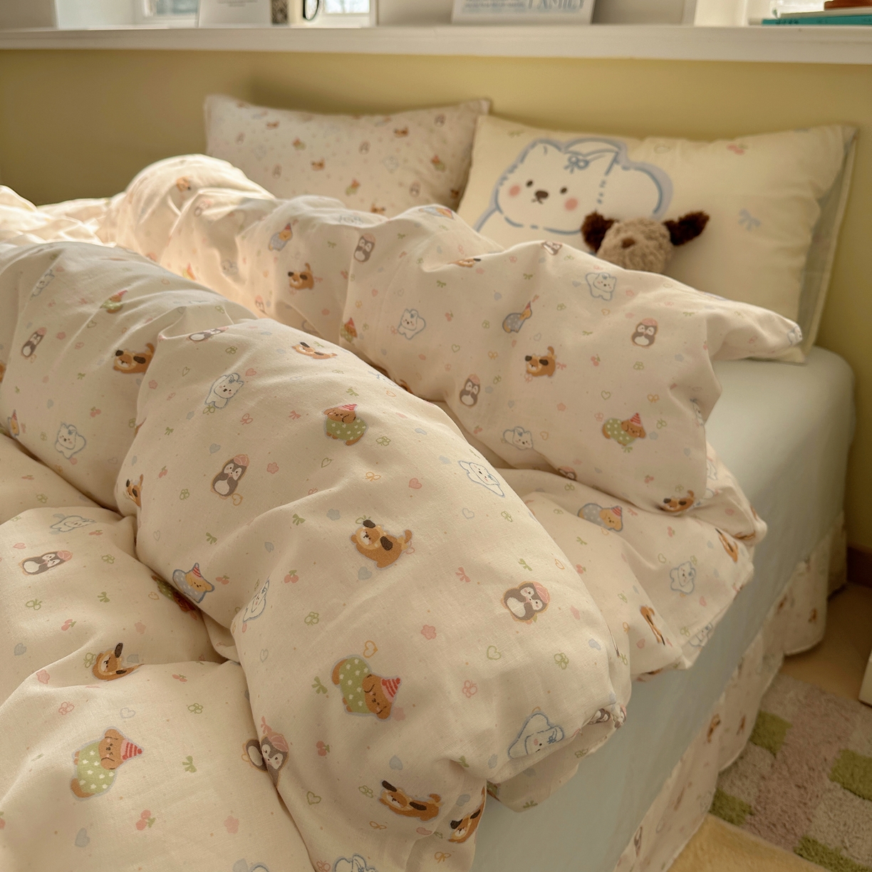 91家纺网 家纺一手货源 找家纺 耀悦家纺 2026新款双层纱全棉四件套大版枕套混搭款博主ins风格款纯棉四件套 浪漫雪团团