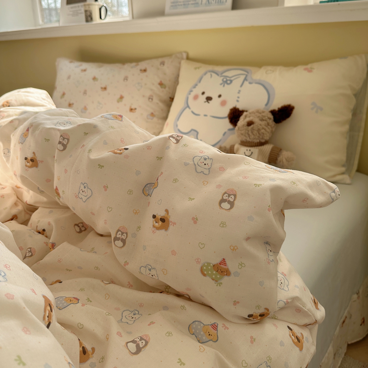 91家纺网 家纺一手货源 找家纺 耀悦家纺 2026新款双层纱全棉四件套大版枕套混搭款博主ins风格款纯棉四件套 浪漫雪团团