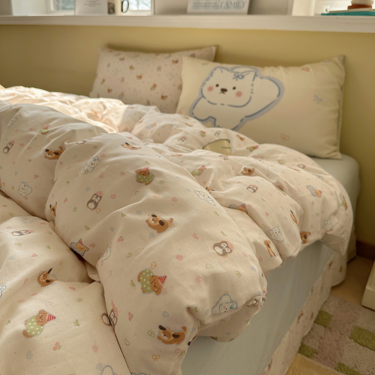 91家纺网 家纺一手货源 找家纺 耀悦家纺 2026新款双层纱全棉四件套大版枕套混搭款博主ins风格款纯棉四件套 浪漫雪团团