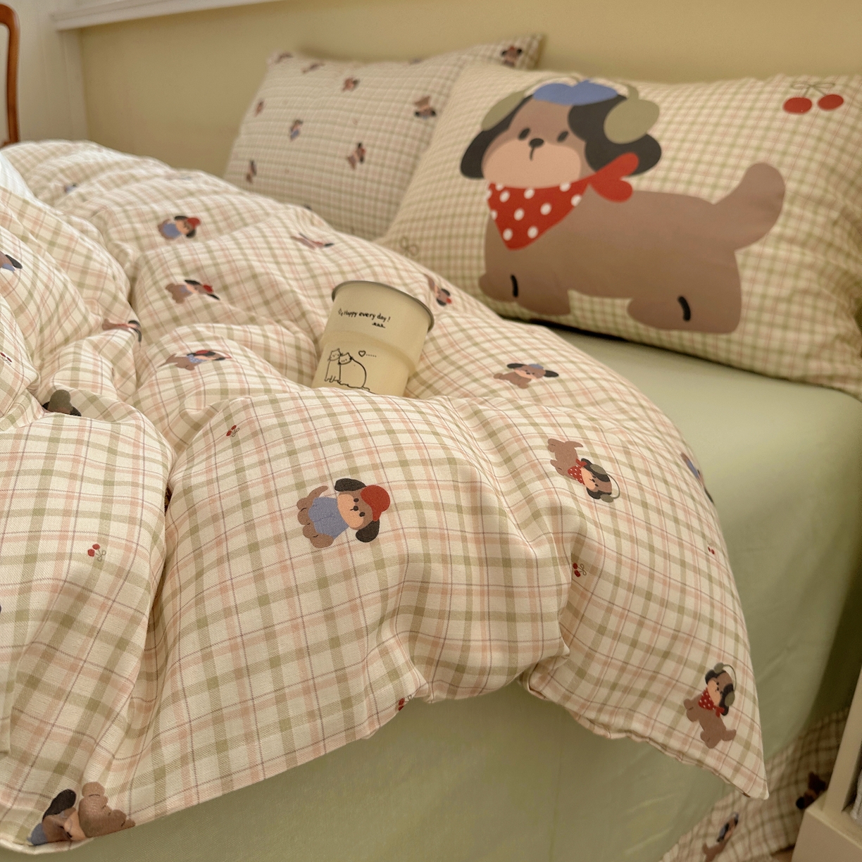 耀悦家纺 2026新款双层纱全棉四件套大版枕套混搭款博主ins风格款纯棉四件套 绿格耳机狗