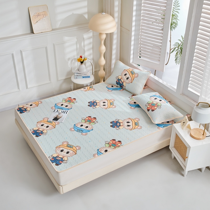 91家纺网 家纺一手货源 找家纺 美丽折2026新品6mm厚天然乳胶凉席三件套 大版印花卡通乳胶凉席平铺款 童趣