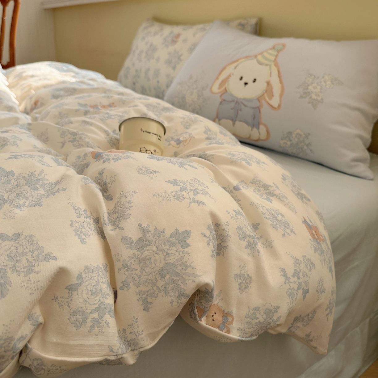 耀悦家纺 2026新款双层纱全棉四件套大版枕套混搭款博主ins风格款纯棉四件套 莫奈花园兔兔