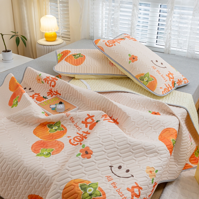 91家纺网 家纺一手货源 找家纺 优雅星家纺 2026新款凉感丝印花乳胶凉席 柿柿如意