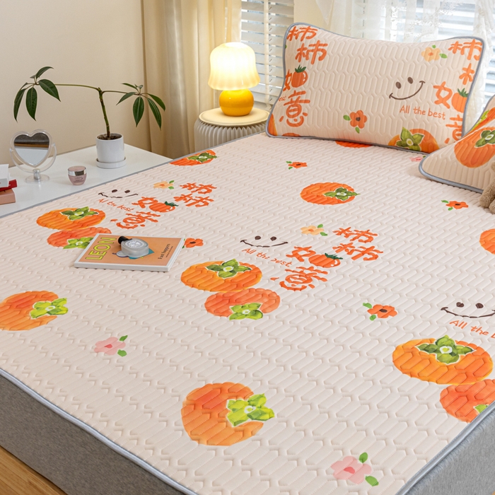 91家纺网 家纺一手货源 找家纺 优雅星家纺 2026新款凉感丝印花乳胶凉席 柿柿如意