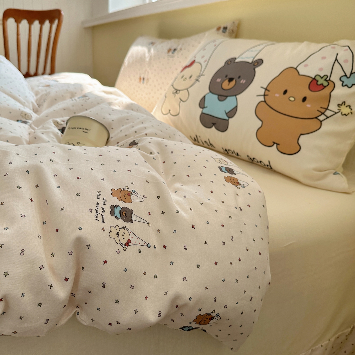 耀悦家纺 2026新款双层纱全棉四件套大版枕套混搭款博主ins风格款纯棉四件套 圣旦星星喵