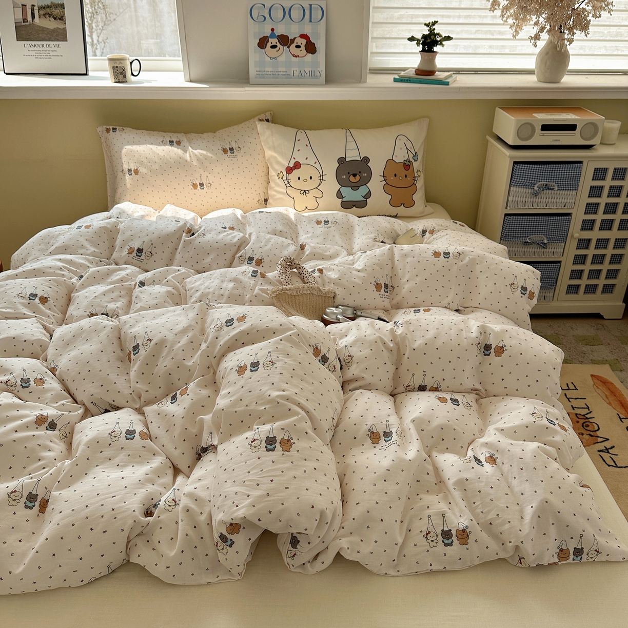 91家纺网 家纺一手货源 找家纺 耀悦家纺 2026新款双层纱全棉四件套大版枕套混搭款博主ins风格款纯棉四件套 圣旦星星喵