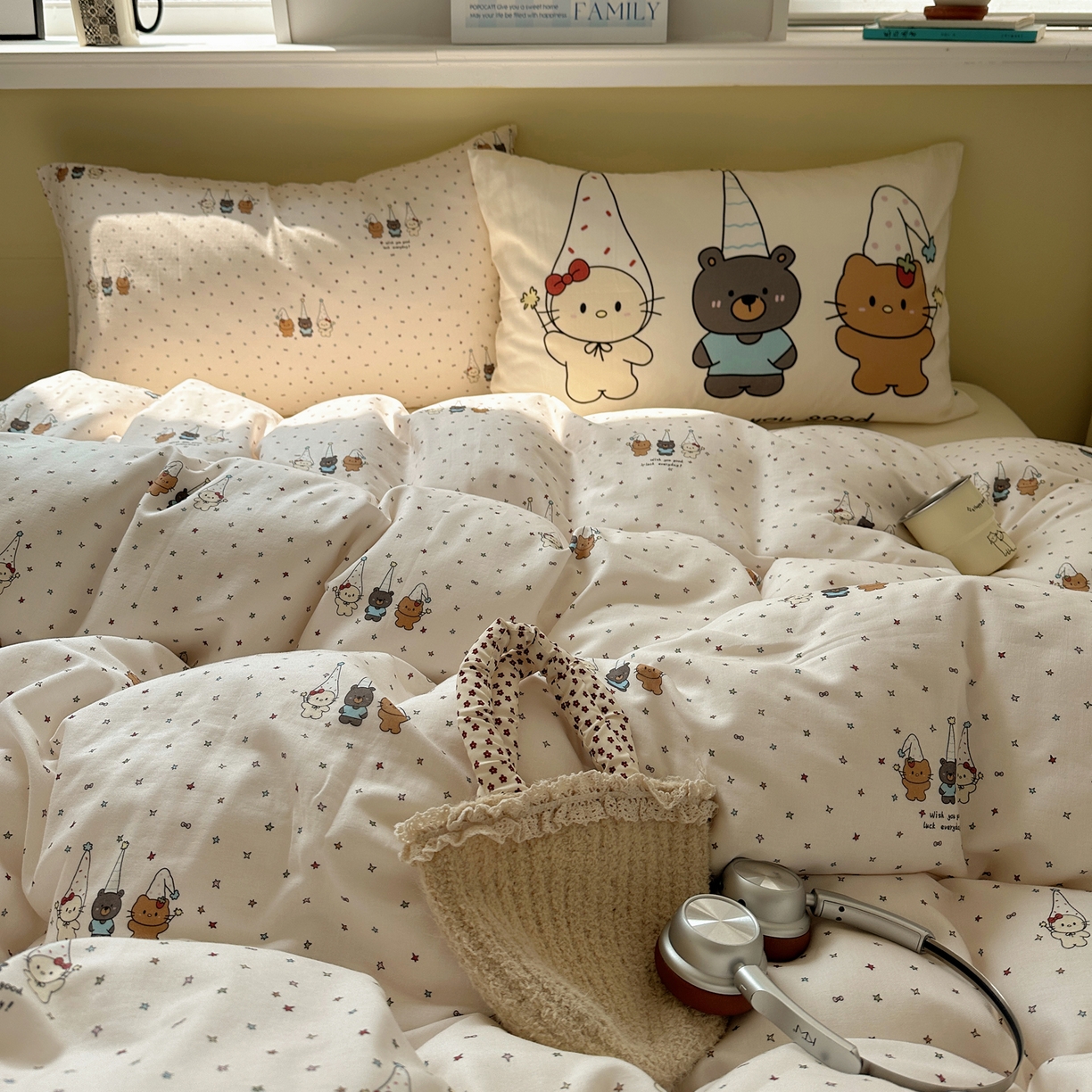 91家纺网 家纺一手货源 找家纺 耀悦家纺 2026新款双层纱全棉四件套大版枕套混搭款博主ins风格款纯棉四件套 圣旦星星喵