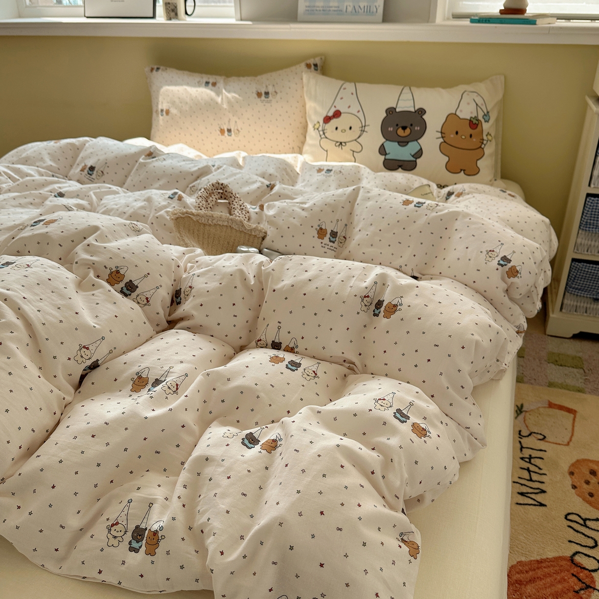 91家纺网 家纺一手货源 找家纺 耀悦家纺 2026新款双层纱全棉四件套大版枕套混搭款博主ins风格款纯棉四件套 圣旦星星喵